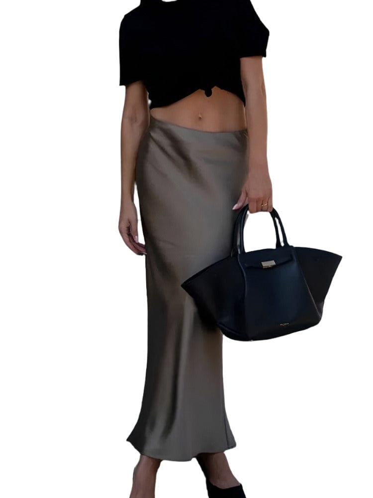 2024 Y2K Casual Long Skirt Elastic High Waist A-Line Satin Skirt for Spring, Streetwear Chic