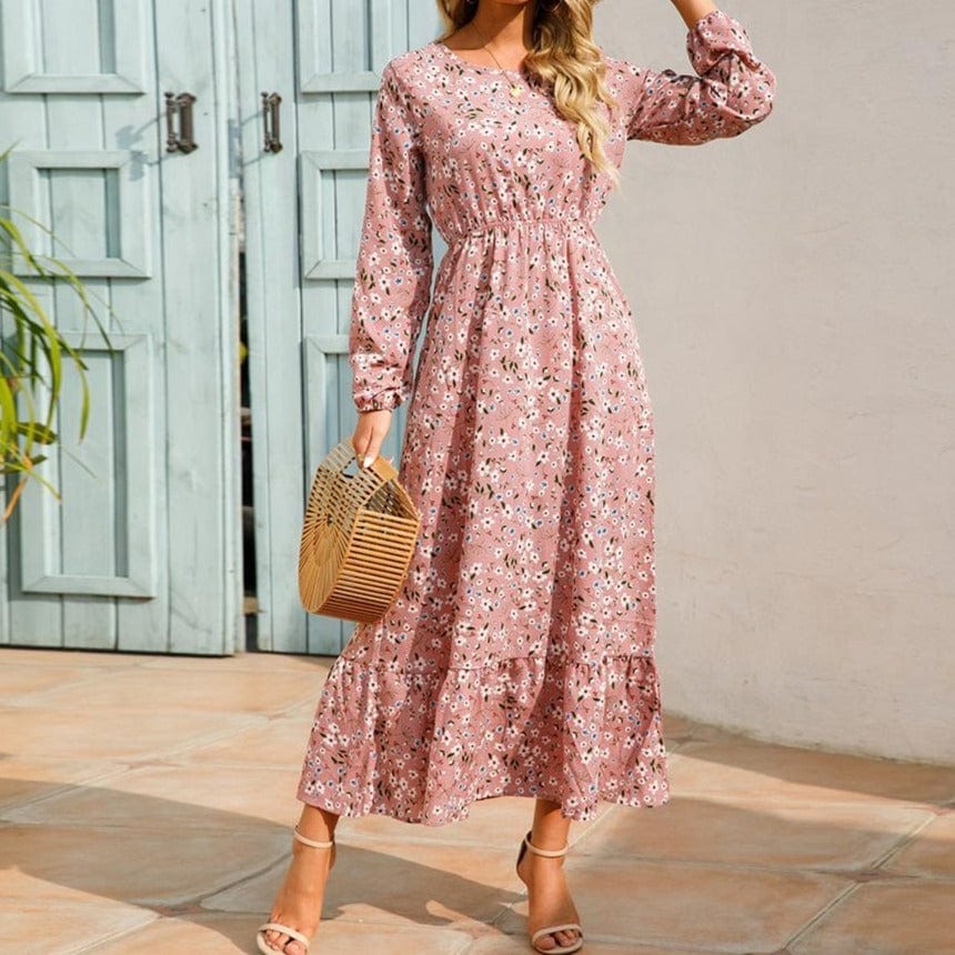 Bohemian Maxi Dress 2023 Spring Summer Casual Long Sleeve Chiffon Dress with High Waist and Floral Print