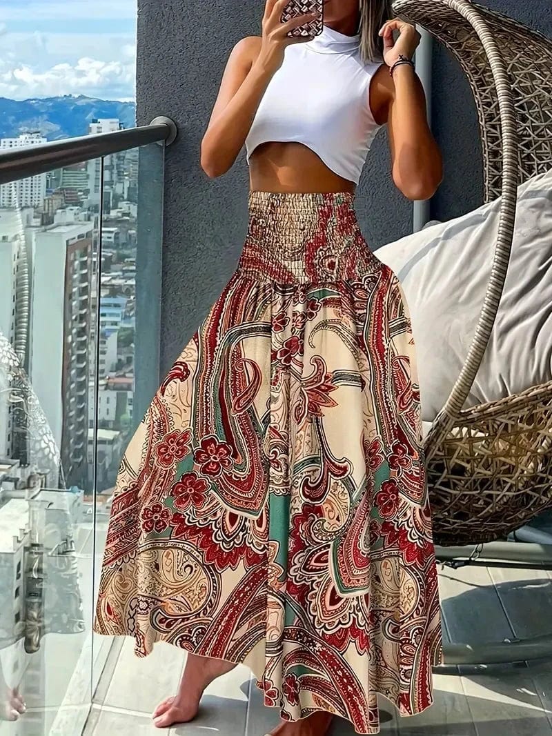 Bohemian Paisley Print High-Waisted A-Line Skirt – Flowing Shirred Waist Design for Spring & Summer