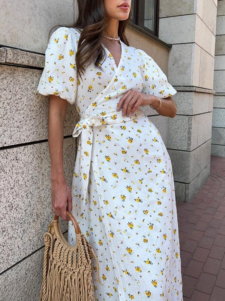 Elegant Floral Print A Line Midi Dress Casual 100% Cotton Summer Dress with Side Slits, White, Women 2024