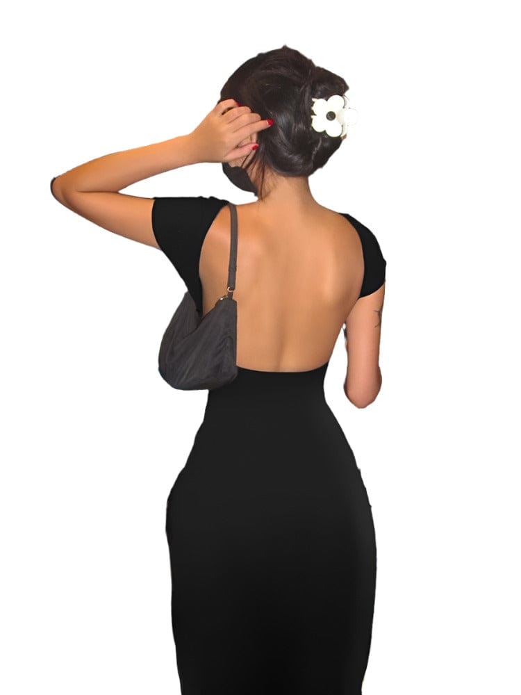 Elegant Solid Backless Maxi Dress Nibber Women's Streetwear with Short Sleeves and Slim Bodycon Fit