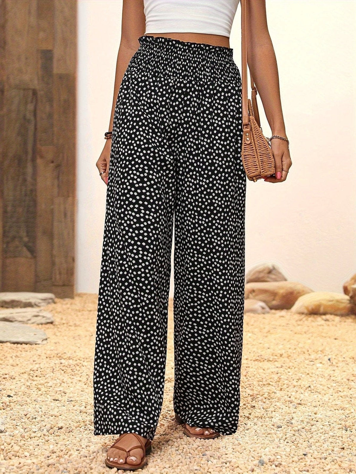 Fashionable Allover Print Wide Leg Pants for Women's Lightweight, Flowing, and Shirred Waist for Spring & Summer