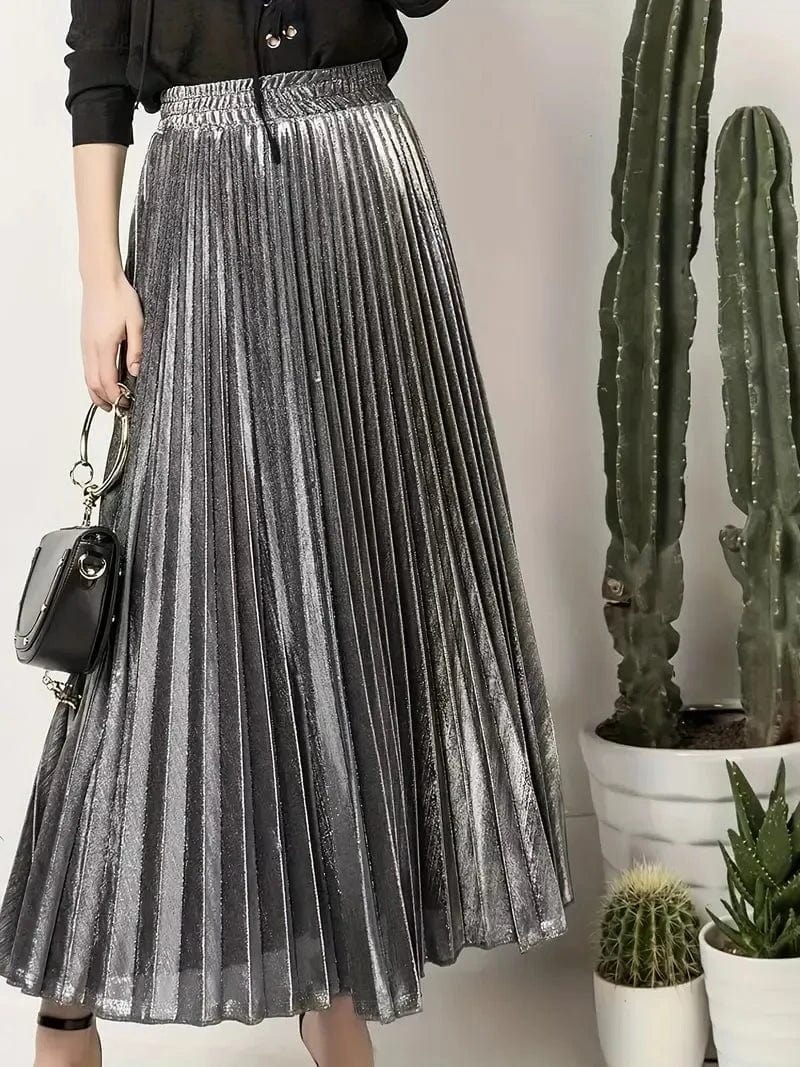 Plus Size Metallic Pleated Maxi Skirt - Luxe Elastic High Rise with Flattering Stretch, Fashion-Forward Women’s Style