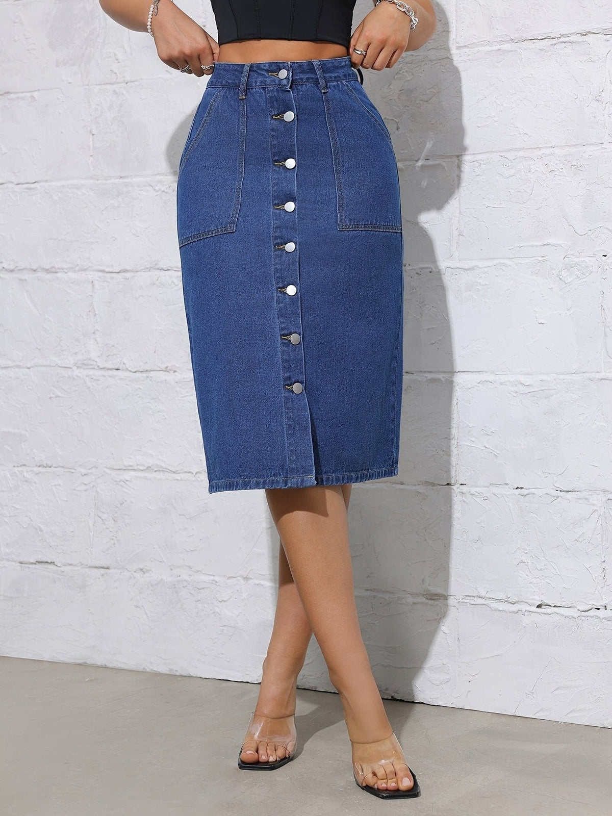 Single-Breasted Dark Wash Blue Midi Denim Skirt with Split Hem Casual Style for Women