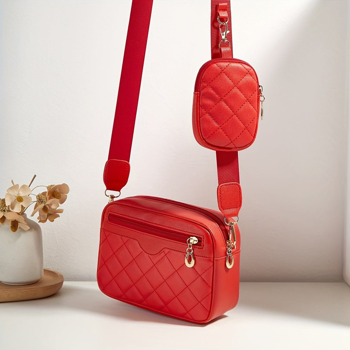 Solid Color Quilted Crossbody Bag Small Square Shoulder Bag with Zipper Compartments and Wide Strap for Daily Use