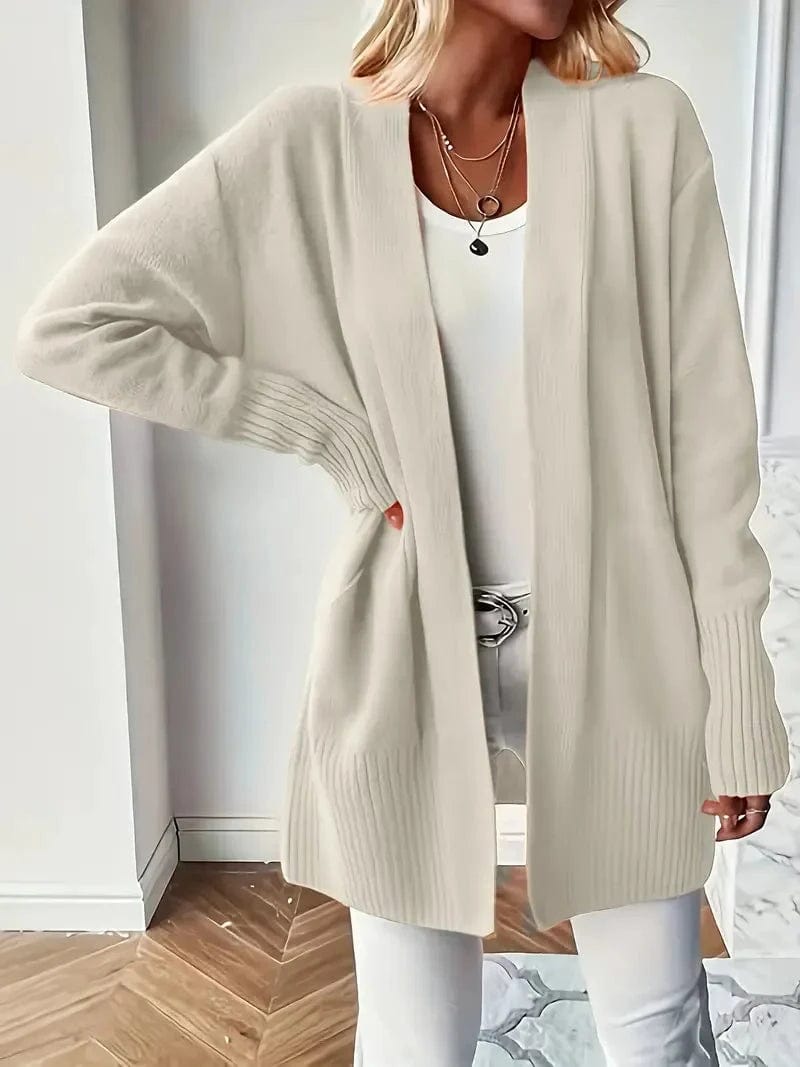 Solid Open Front Knit Cardigan for Women's Casual Long Sleeve Loose Sweater with Pockets