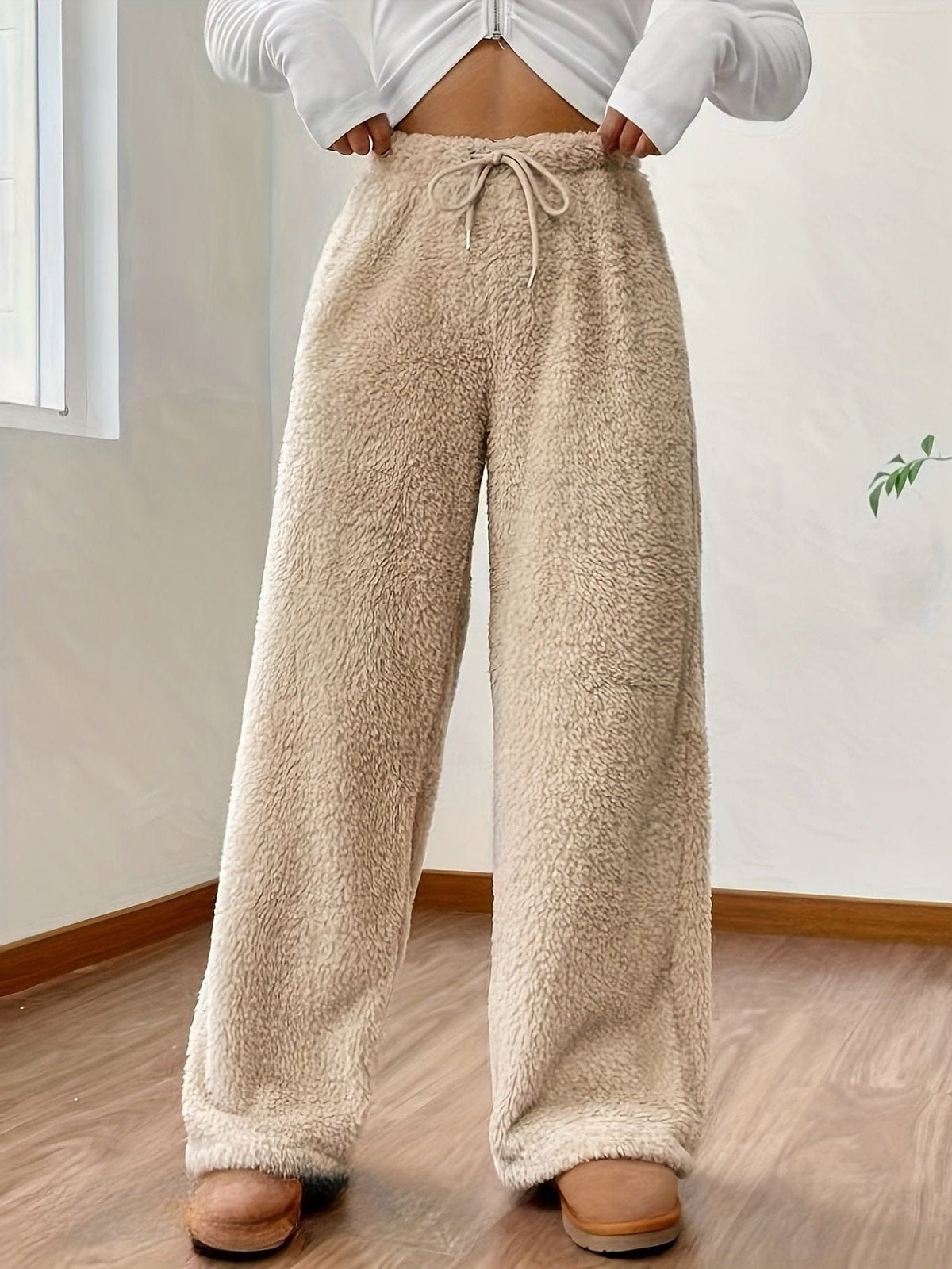 Women's Solid High Waist Fuzzy Pants Elegant Wide Leg with Drawstring