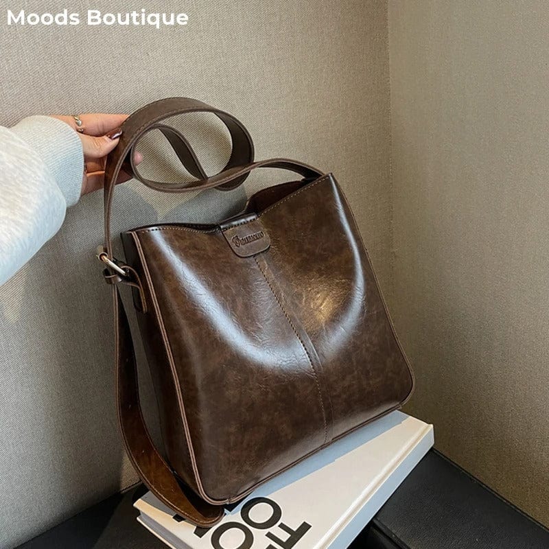 LEFTSIDE 2024 Retro Solid Color Leather Shoulder Bag - Stylish Korean Fashion