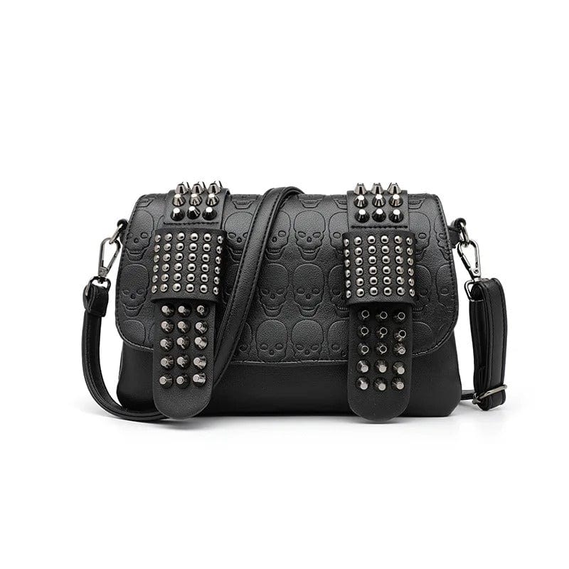 Fashion Women’s Black Leather Messenger Bag | Vintage Skull Rivets Crossbody