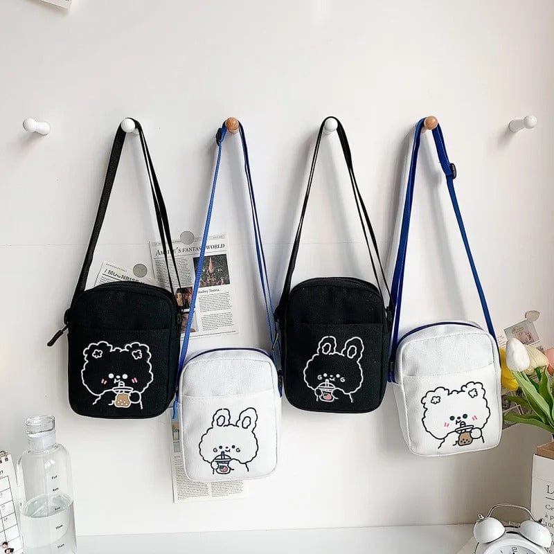 Cute Bear Rabbit Print Mini Canvas Crossbody Bag for Women & Girls – Trendy Cartoon Shoulder